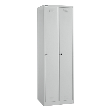 A gray metal cabinet with two doors. Ventilation slots can be seen at the top and bottom, as well as door handles.