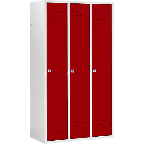 Triple locker, red doors, white frame.