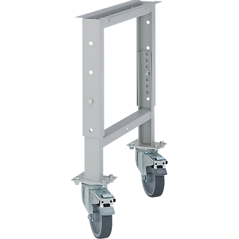 Grijs metalen frame met wielen, vrijstaand.