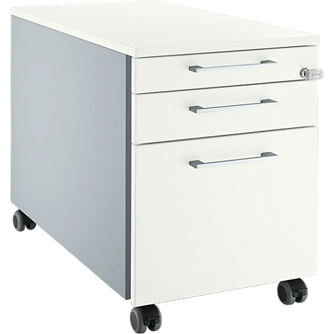 White mobile pedestal with three drawers, silver handles and wheels. A gray side panel and a lock.
