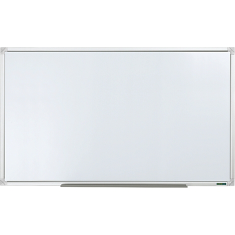 Rechthoekig whiteboard met een glad wit oppervlak en een smal zilverkleurig aluminium frame.