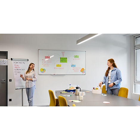 Deux femmes dans un bureau : l'une présente sur un tableau de conférence, l'autre à la table.