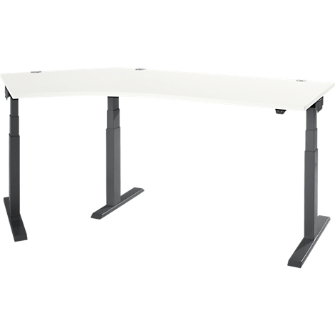 Ein weißer, ergonomischer Schreibtisch mit grauen, höhenverstellbaren Beinen, vor weißem Hintergrund.