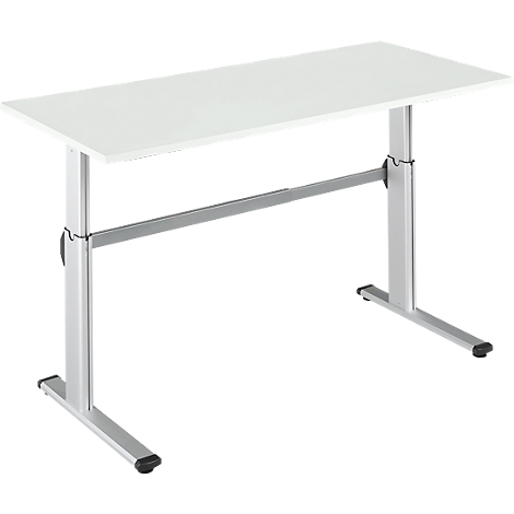 A white, rectangular standing desk with silver legs and a crossbar.