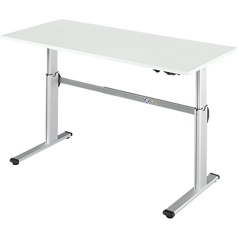 White, height-adjustable desk with silver legs. The tabletop is rectangular.
