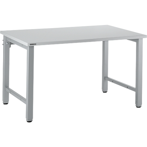 Gray rectangular table with metal legs, against a white background. The tabletop is smooth and level.