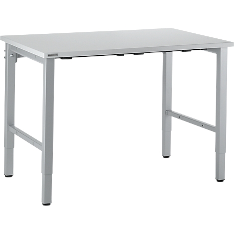 A light grey table with adjustable legs. Rectangular tabletop, metal frame.