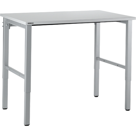 A silver rectangular table, with four legs and height-adjustable feet, against a white background.