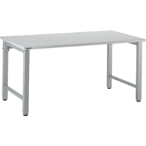 A gray work table with a rectangular tabletop and silver legs. The table legs are attached to the table at right angles.