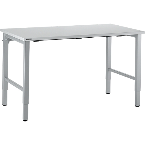 A white desk with metal legs, standing in front of a white background.