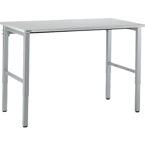 A white, rectangular desk with silver legs. The desk legs are height adjustable.