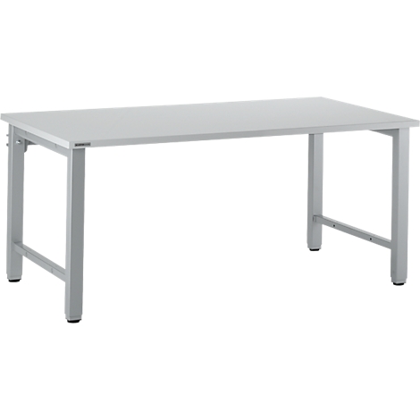 A rectangular, grey table with four legs. Tabletop and legs are made of metal. The table stands against a white background.