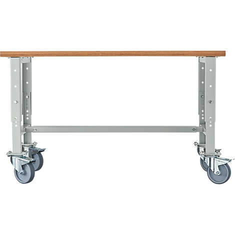 A table with wooden top and casters, light gray metal legs and crossbars. The casters allow for flexible use.