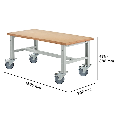 Mobile workbench with wooden top. Dimensions: 1500 x 700 mm, height 676-888 mm.