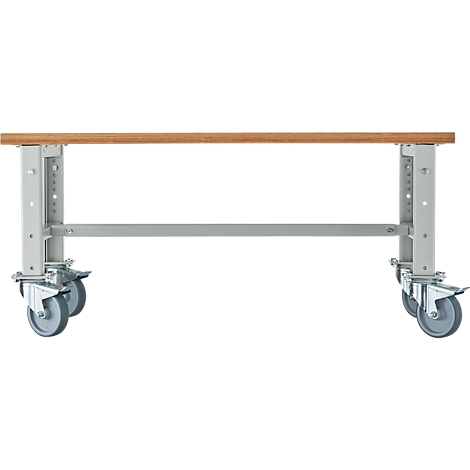 Wooden table on wheels, light brown table top, gray metal construction.