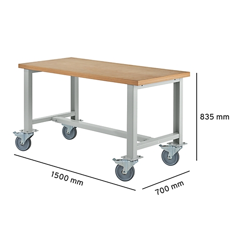 A workbench with wooden top and gray metal frame on wheels. Dimensions: 1500 mm x 700 mm x 835 mm.