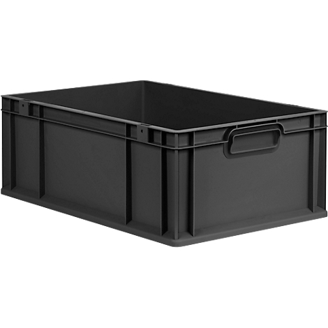 Un bac de rangement rectangulaire en plastique gris foncé robuste avec poignées intégrées.
