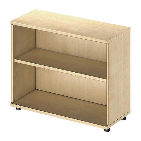 A light, rectangular shelf with two compartments, made of light wood.