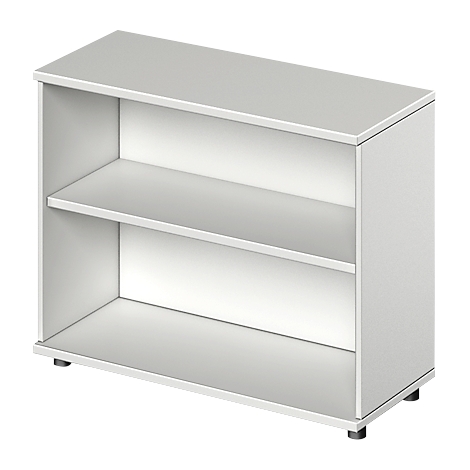 White shelf with two compartments, gray side walls and black feet. The shelf stands against a white background.