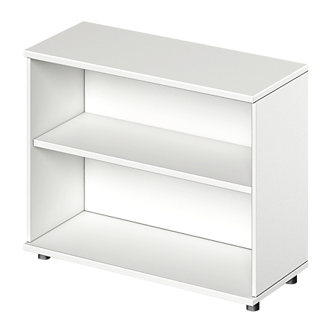 White shelf with two compartments. Rectangular, with small feet.