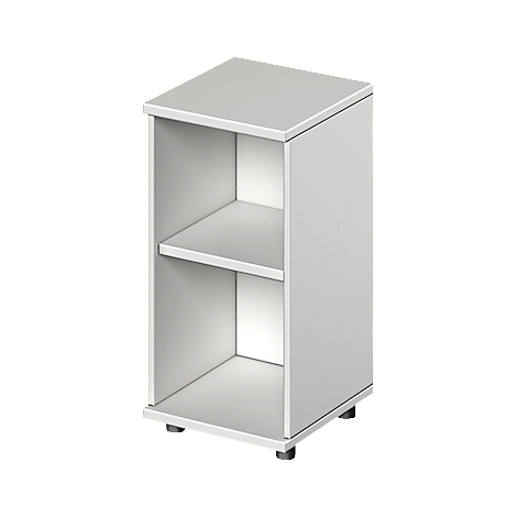 A white, rectangular shelf with two open compartments and a top shelf, standing on small feet.