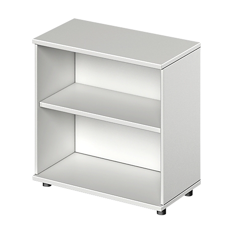 White bookshelf with two compartments. Standing on small feet. Rectangular shape.