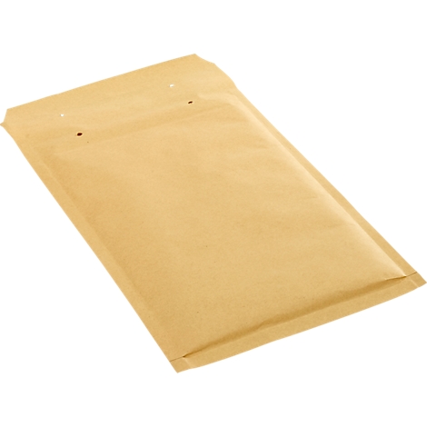 Un sobre de burbujas beige, ligeramente angulado, fotografiado desde arriba. La solapa tiene dos agujeros en la parte superior.