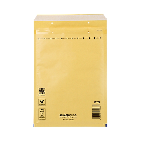 Sobre de burbujas amarillo con logotipo y código de barras, sobre fondo blanco.