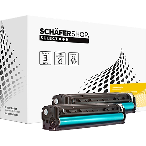 Druckerpatronen von Schäfershop, vor weißem Hintergrund. Oben links steht Schäfershop Select. Aufdrucke: Garantie 3 Jahre, 100% kompatibel, Made in EU.