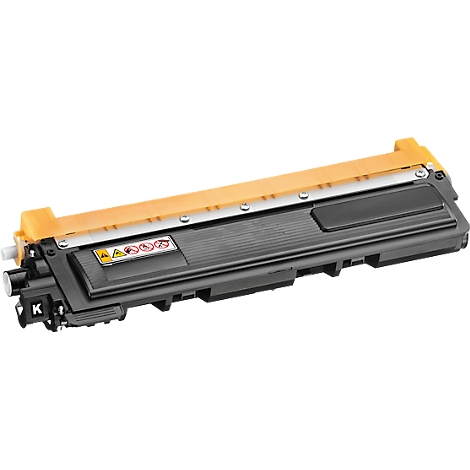 Une nouvelle cartouche de toner noire avec des accents jaunes et argentés.