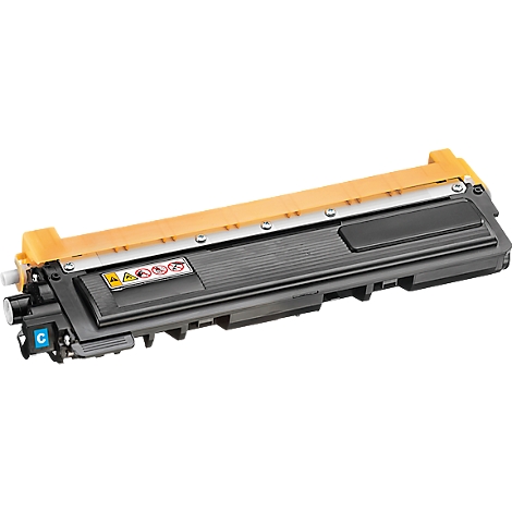 Cartouche de toner noire et jaune. Sur le côté, un élément bleu avec la lettre C.