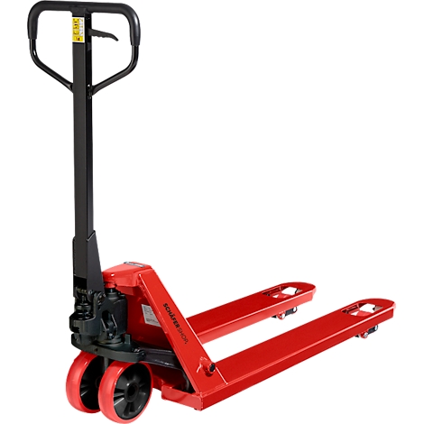 Chariot élévateur rouge sur fond blanc. La poignée est noire et le châssis rouge.