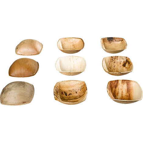 Neun kleine, quadratische Schalen aus Holz. Einige sind hell, andere dunkel mit Maserung.