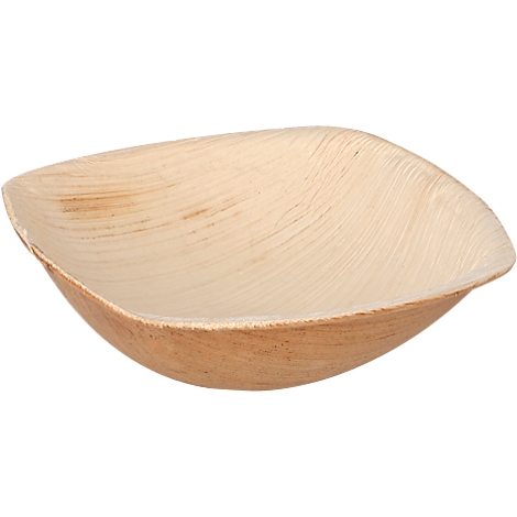 Eine quadratische Schale aus hellbraunem Holz, leicht nach oben gewölbt.