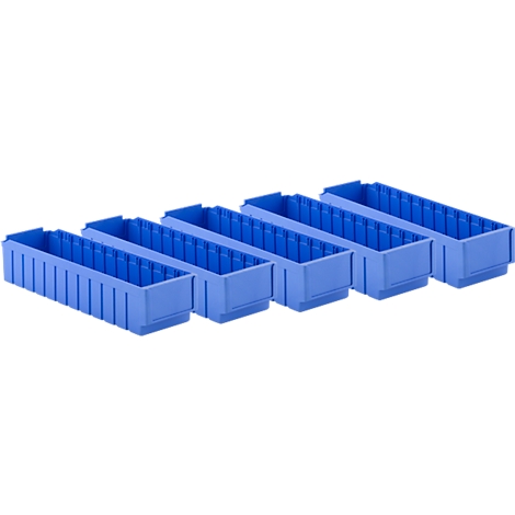 Vijf blauwe plastic bakken, naast elkaar geplaatst, in licht perspectief.