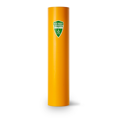 Gele, cilindrische vuilnisbak. Sticker met "ECO RACK Campera" en een groen blad.