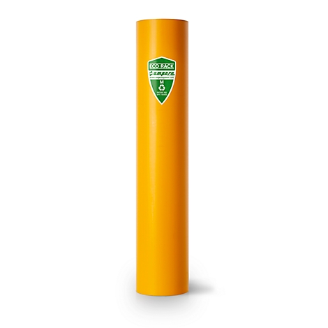 Gele cilindrische kolom met groen logo. Opschrift: Eco Rack Compera.
