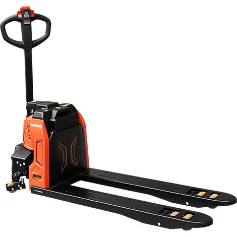Close-up of a pallet truck handle: black handles, orange elements, red top, three buttons.