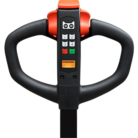 A black handle with orange elements and buttons, including the numbers 1-4.
