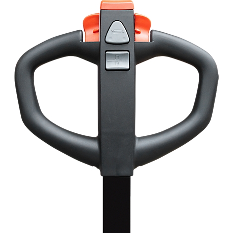 Black forklift handle with orange details and control buttons.