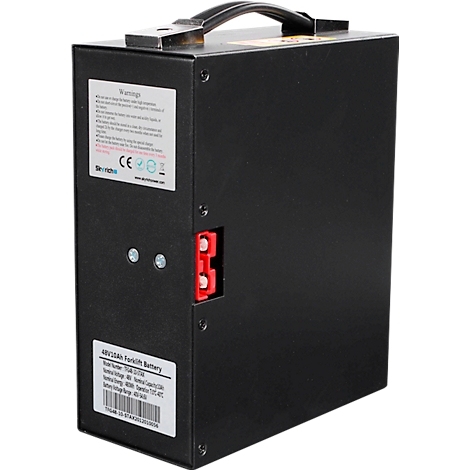 Schwarze 48V Gabelstapler-Batterie mit Tragegriff, Warnhinweisen und technischem Typenschild auf der Seite.