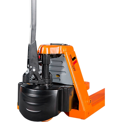 Nahaufnahme eines orangefarbenen Hubwagens mit schwarzer Deichsel und Staplerlift-Logo.