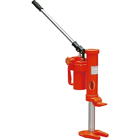 Orangefarbener hydraulischer Greifklauenheber mit langem Hebel auf weißem Hintergrund.