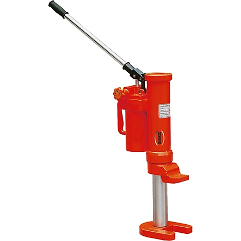 Ein oranger hydraulischer Stempelwagenheber mit silbernem Griff vor weißem Hintergrund.