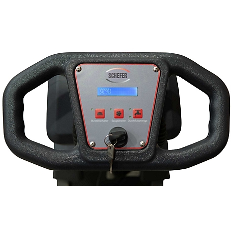Bedienfeld einer Schefer Reinigungsmaschine mit Display, Tasten und Zündschloss.