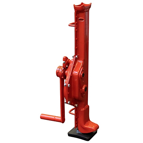 Roter mechanischer Zahnstangenwinde-Wagenheber mit Kurbel auf schwarzem Sockel vor weißem Hintergrund.
