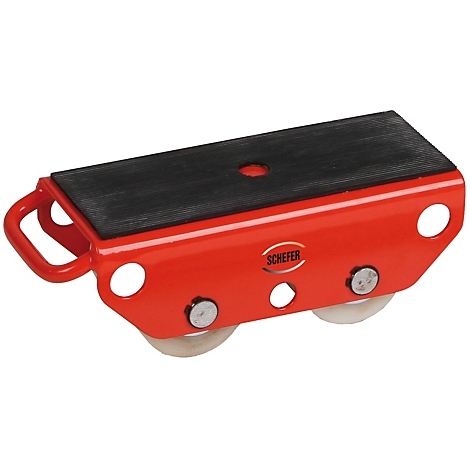 Rotes Schwerlast-Transportfahrwerk von Schefer mit schwarzer Gummiauflage und zwei hellen Rollen.