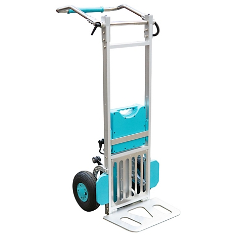 Eine silberne Transportkarre mit türkisen Akzenten und großen Rädern vor neutralem Hintergrund.
