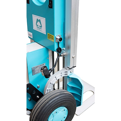 Detailansicht eines blauen Medlift-Geräts mit montiertem Rad, elektrischem Anschlusskabel und silbernem Rahmen.