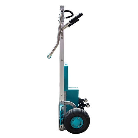 Seitliche Ansicht einer elektrischen Treppensackkarre mit türkisfarbenem Gehäuse und großen Rädern auf weißem Grund.
